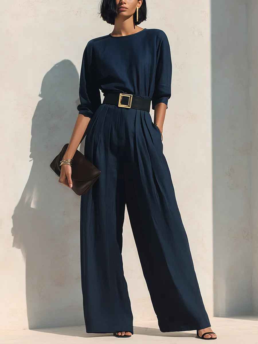 Women's Minimalist Solid Navy Linen Round Neck Wide-Leg Jumpsuit MDZ1643G9ZRK