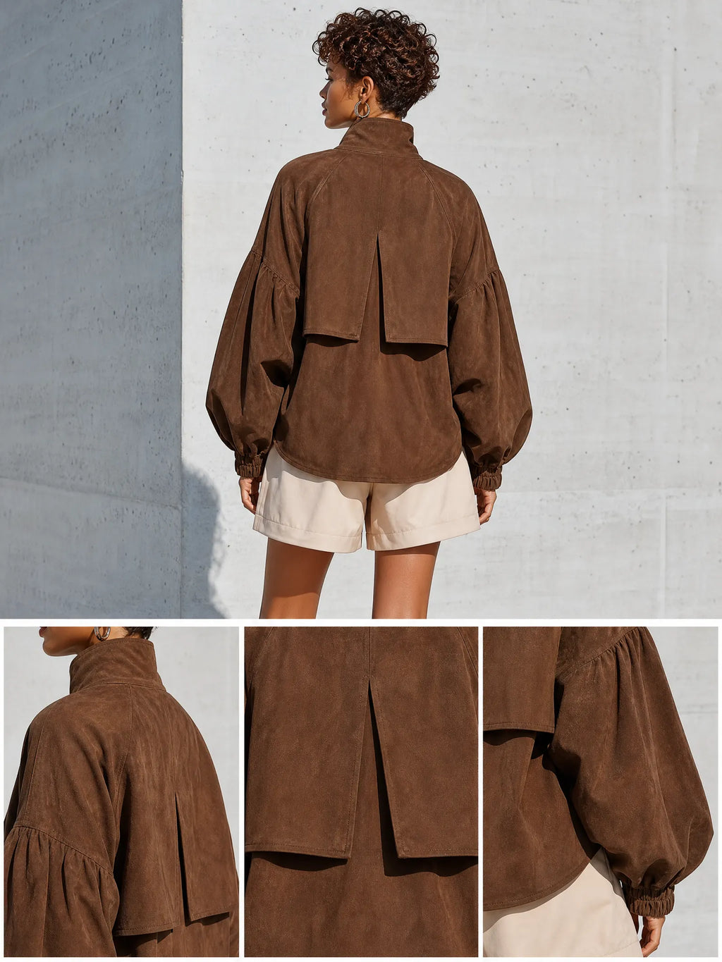 Women's Brown Faux Suede Stand Collar Puff Gathered Cuff Oversized Jacket MDZ1693G6YZJ
