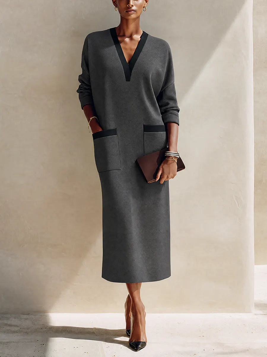 Women's Minimalist Dark Grey Knit V-Neck Contrast Trim Midi Dress MDZ1636G1ZRK