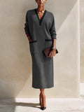 Women's Minimalist Dark Grey Knit V-Neck Contrast Trim Midi Dress MDZ1636G1ZRK
