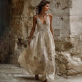 Women's Bohemian Vintage Floral Lace Embroidered Art Suspender Midi Dress