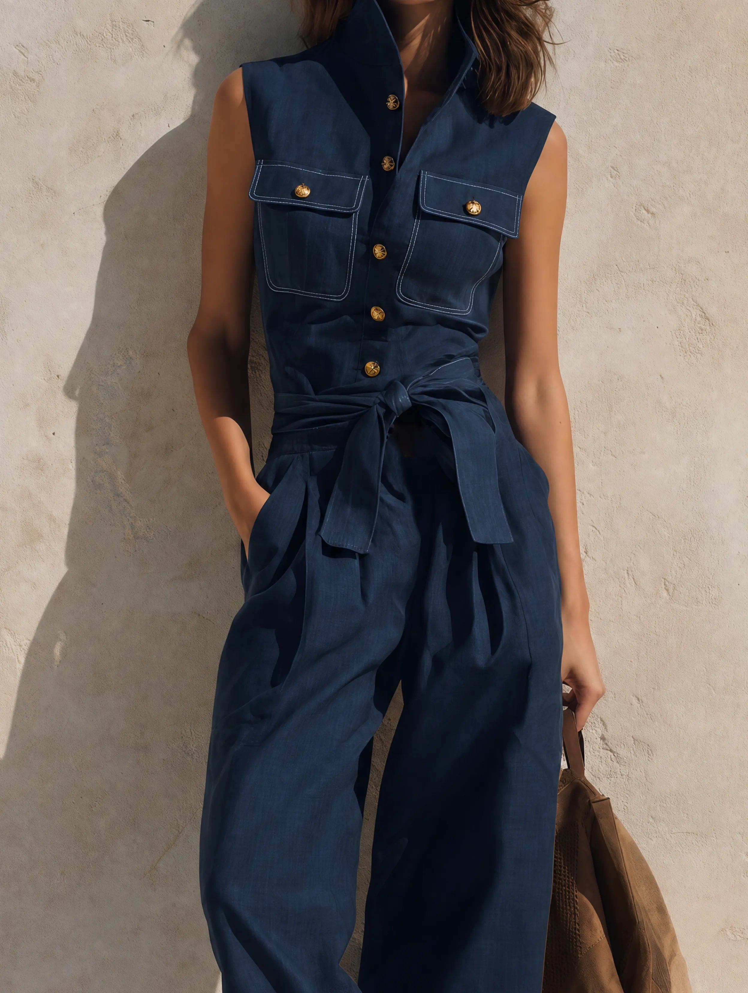 Women's Casual Navy Blue Cotton-linen Sleeveless Cropped Jumpsuit MDZ1643G5LXY