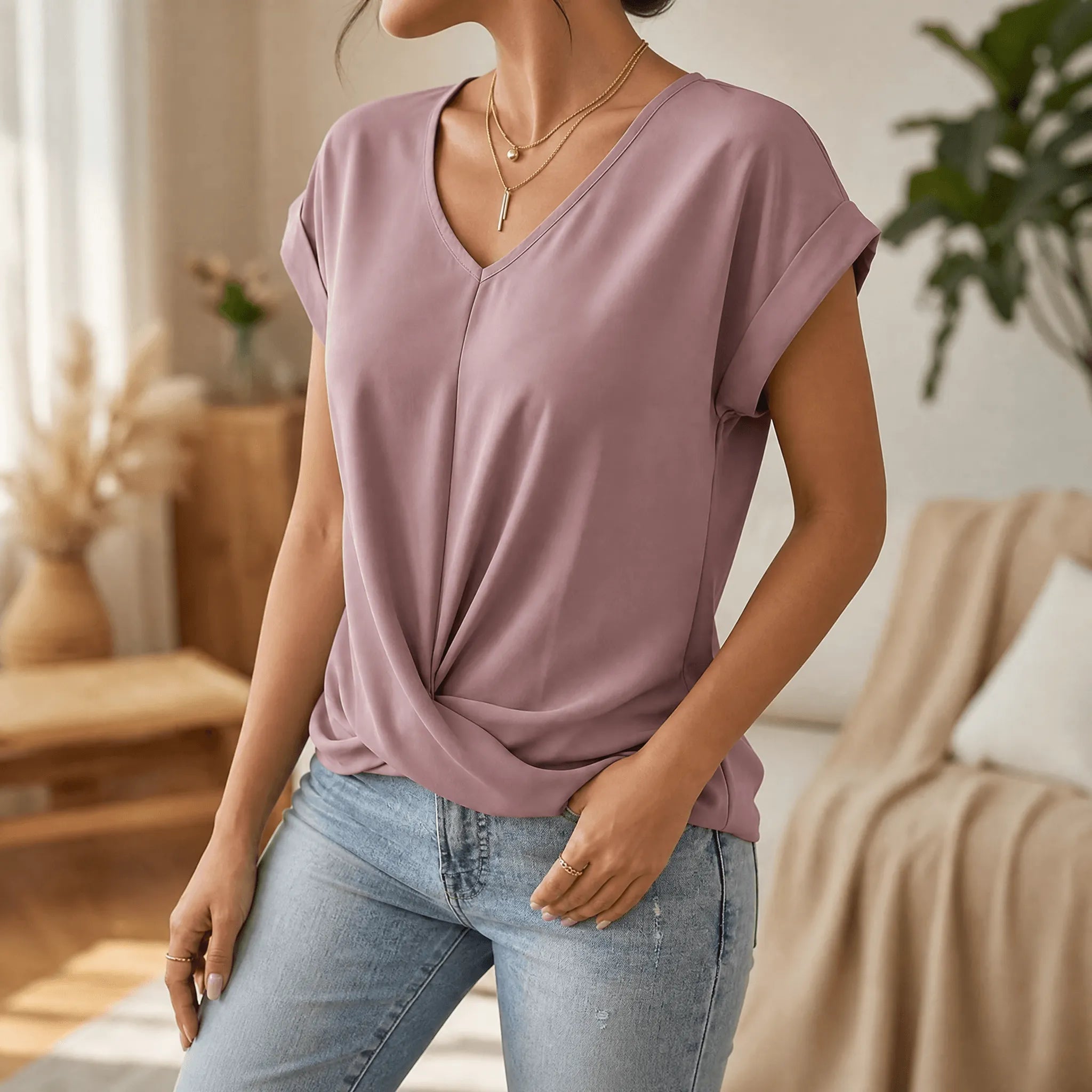 Veluna – Twist-Knot V-Neck Top for Effortless Everyday Style
