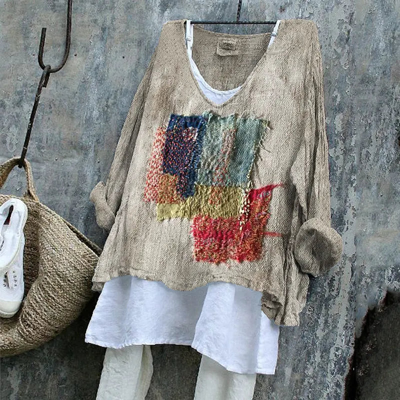 Colorful Patch Japanese Sashiko Art Linen Blend Tunic