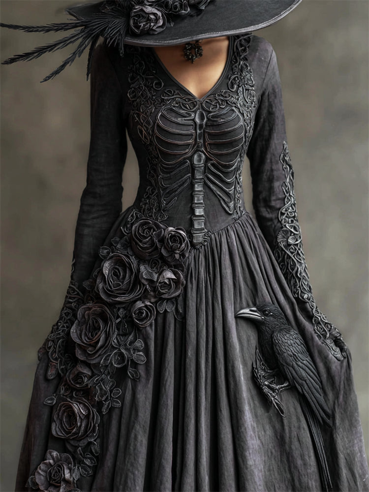 Vintage Rib Cage Raven & Dark Roses Celtic Linen Maxi Dress