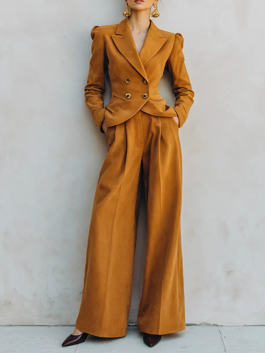 Women's Mustard Faux Suede Texture Two Piece Suit Set With Double Breasted Puff Shoulder Blazer & High Waist Pleated Wide Leg Trousers, Vintage Elegant Formal Co-Ord Outfit MDZ2446G2LYL