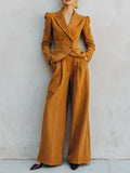 Women's Mustard Faux Suede Texture Two Piece Suit Set With Double Breasted Puff Shoulder Blazer & High Waist Pleated Wide Leg Trousers, Vintage Elegant Formal Co-Ord Outfit MDZ2446G2LYL