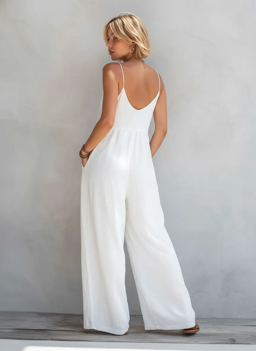 Women's Casual White Cotton-linen Blend Sleeveless Loose Jumpsuit MDZ0246C9AN
