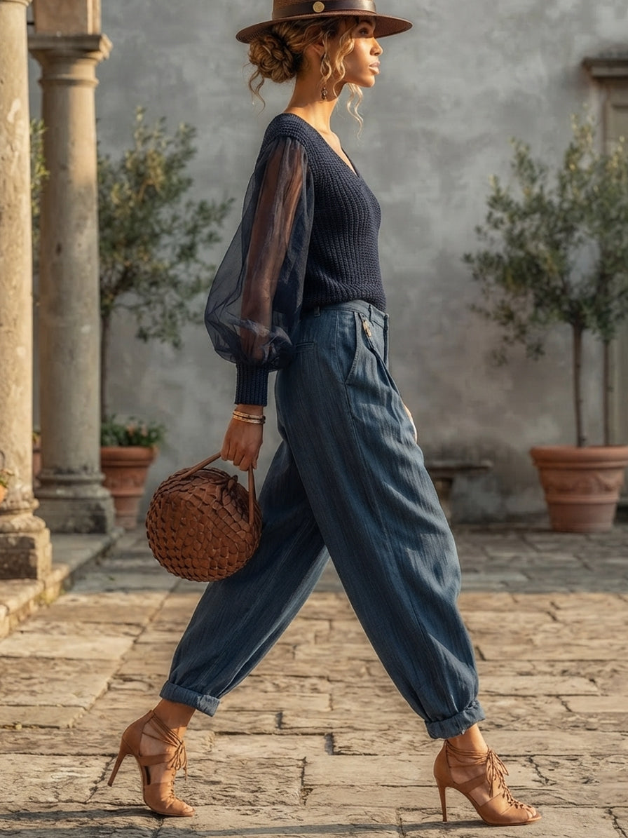 Navy Organza Patchwork Knit Top