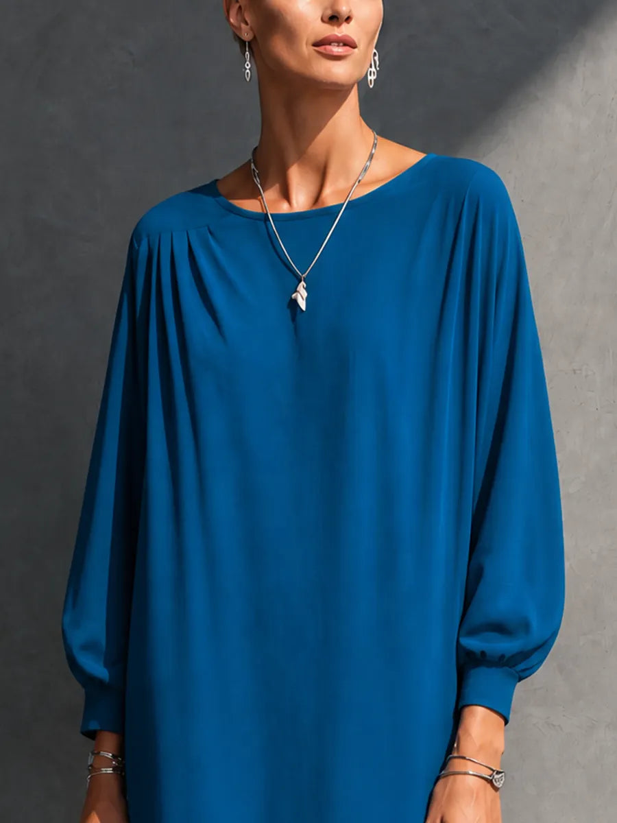 Women's Relaxed Lazy Royal Blue Cotton Blend Gathered Batwing Sleeve High Low Maxi Dress MDZ0946G1GMJ