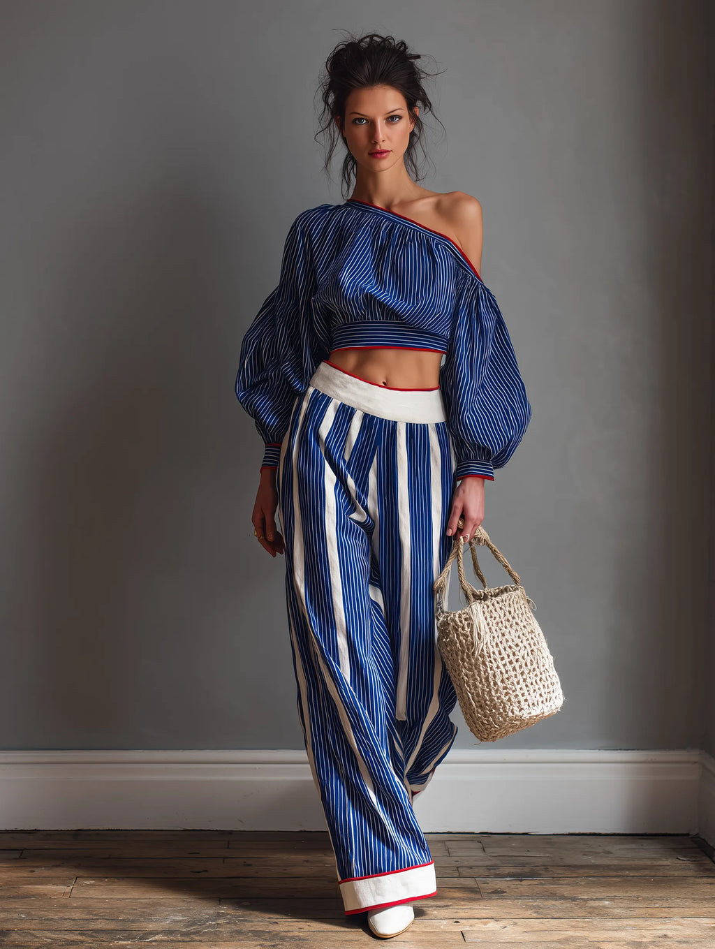 Women's Casual Striped Long-Sleeve Blouse And Straight-Leg Pants Set MDZ0920G9WY