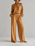 Women's Casual Brown Wide-Rib Knit Round-Neck Button-Placket Long-Sleeve Cropped Top & Elastic-Waist Wide-Leg Trouser Set MDZ2781G7CMX