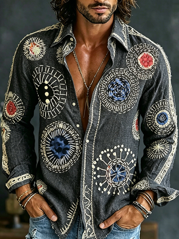 Men's Casual Texture Embroidered Art Print Flowy Linen Blend Shirt