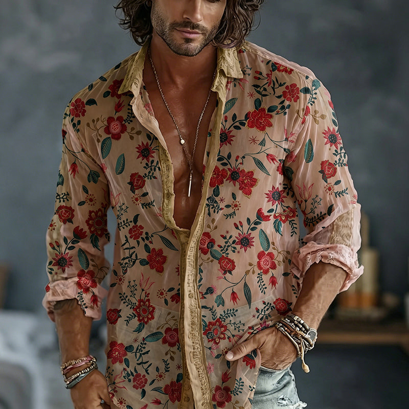 Men's Retro Japanese Sashiko Art Print Flowy Linen Blend Shirt