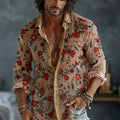 Men's Retro Japanese Sashiko Art Print Flowy Linen Blend Shirt