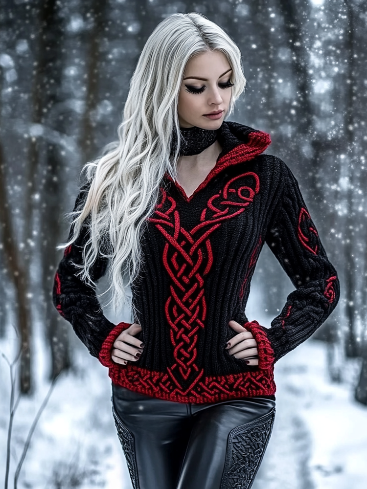 Vintage Viking Rune Black And Red Knitted Jacquard Zipper Sweater