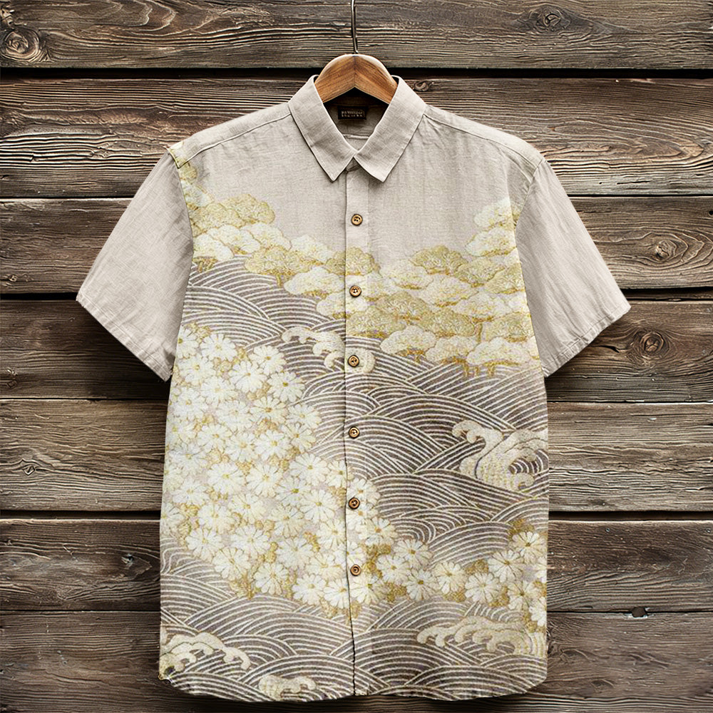Vintage Japanese Art Pattern Comfy Linen Shirt