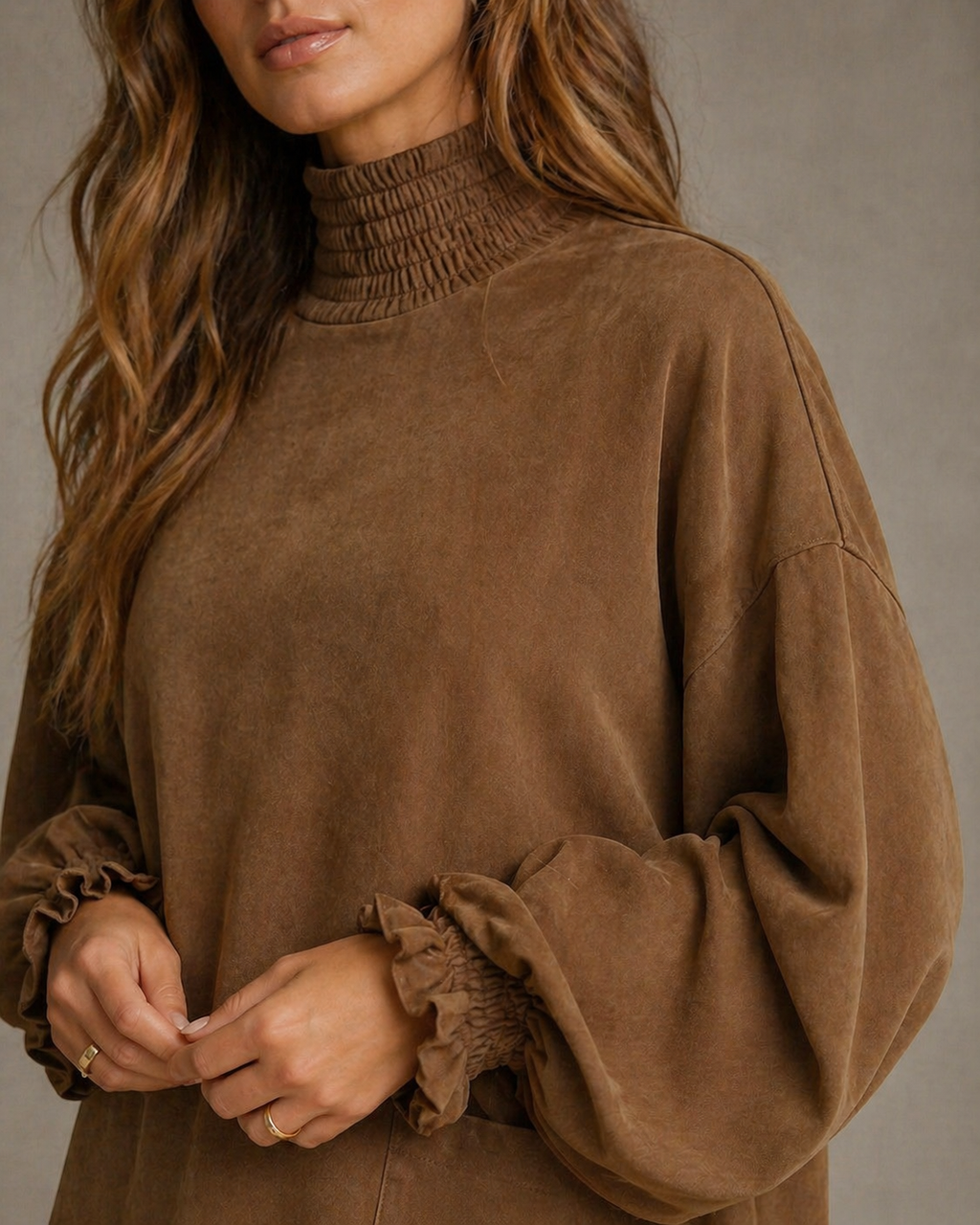 Western Retro Suede Mini Dress with Balloon Sleeves