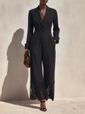 Women's Minimalist Long-Sleeve Wide-Leg Jumpsuit With Notch Lapel And Lace-Trimmed Hems MDZ0665G7ZRK