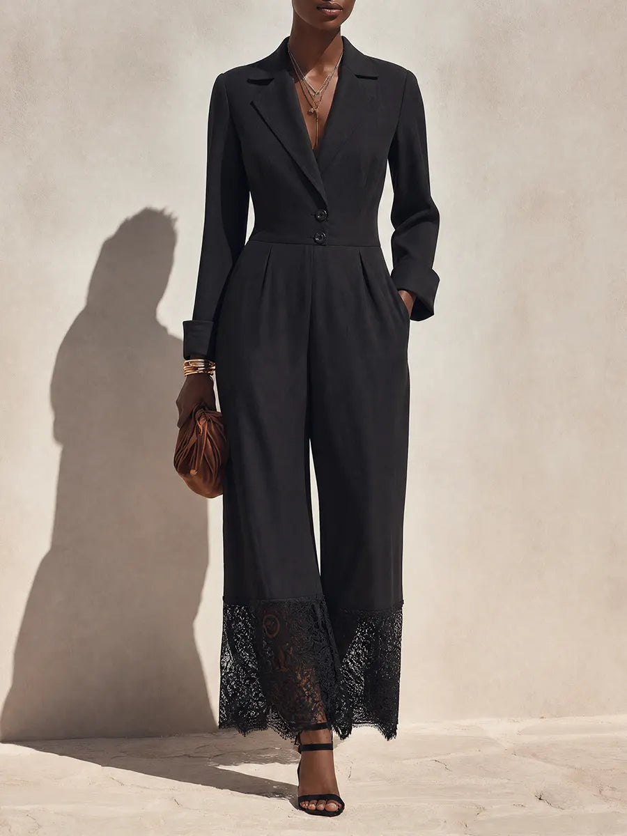 Women's Minimalist Long-Sleeve Wide-Leg Jumpsuit With Notch Lapel And Lace-Trimmed Hems MDZ0665G7ZRK