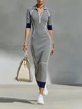 Women's Grey Navy Knit Maxi Bodycon Dress With Polo Collar Half Zip & Contrast Rib Cuffs, Sporty Elegant Slim Fit Knit Maxi Dress MDZ1501G3LYL