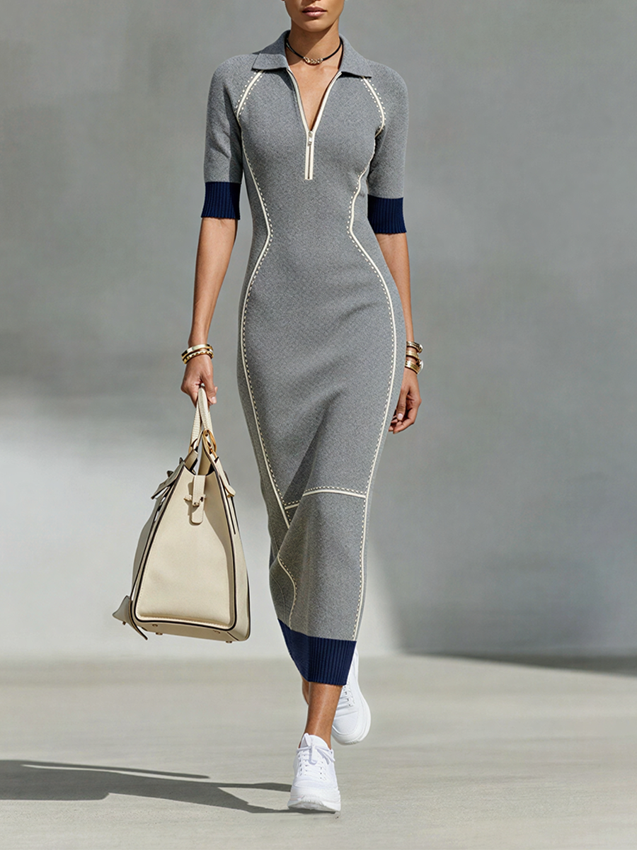Women's Grey Navy Knit Maxi Bodycon Dress With Polo Collar Half Zip & Contrast Rib Cuffs, Sporty Elegant Slim Fit Knit Maxi Dress MDZ1501G3LYL