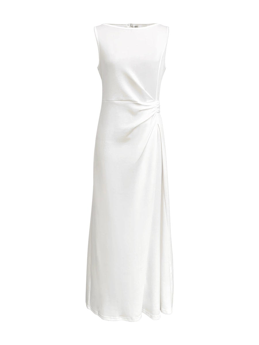 Sleeveless Gauze Pleated Solid Color Split-Joint Round-Neck Evening Dresses Maxi Dresses