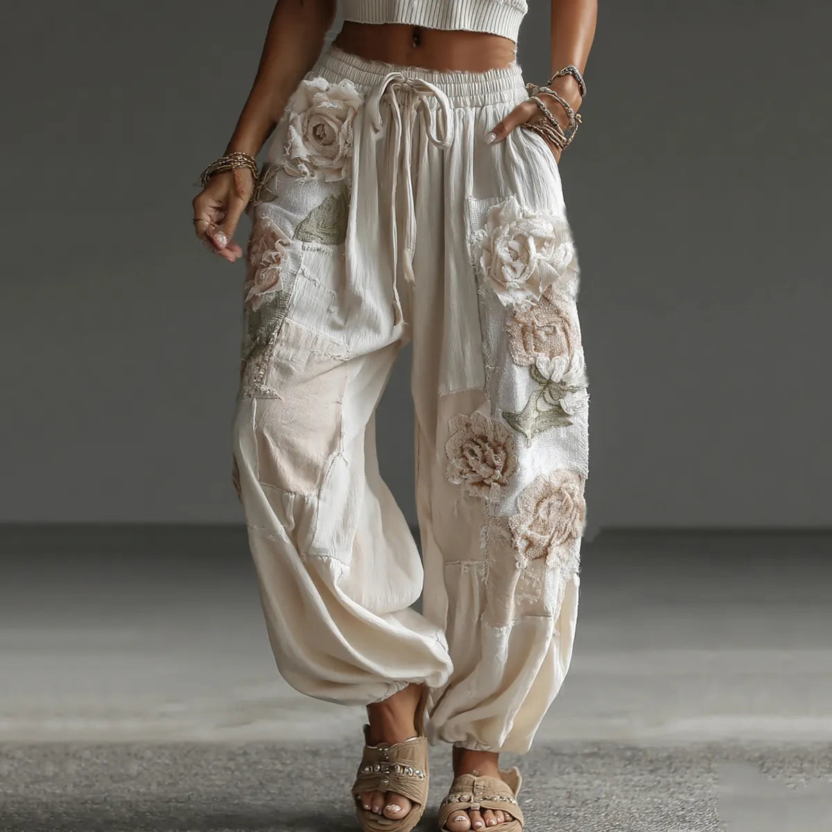 Women's Retro Floral Patchwork Art Casual Linen Pants