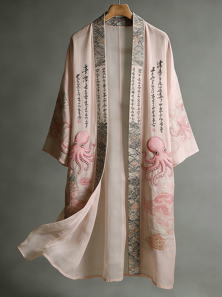 Women's Japanese-style Octopus And Calligraphy Art Embroidered Kimono