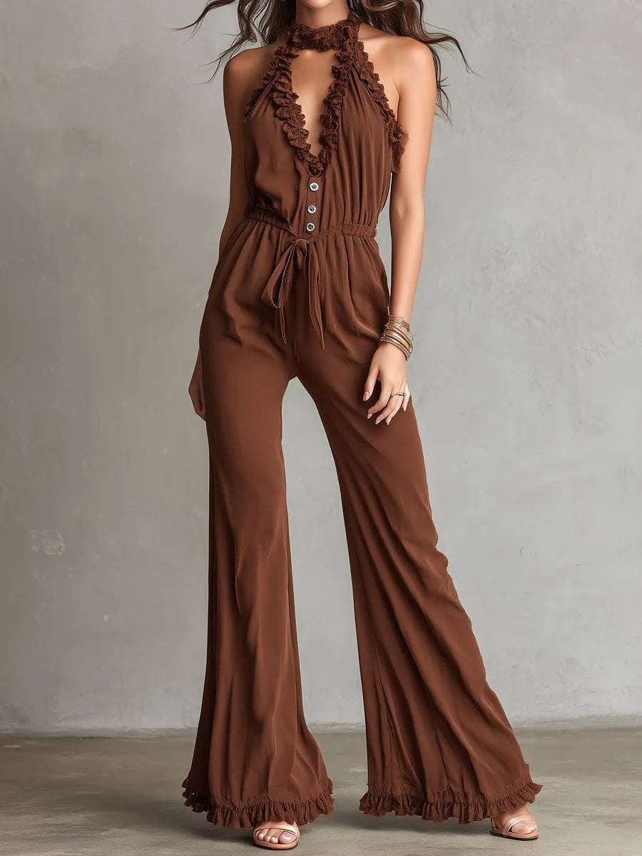 Boho Cocoa Ruffled Halter Wide-Leg Jumpsuit