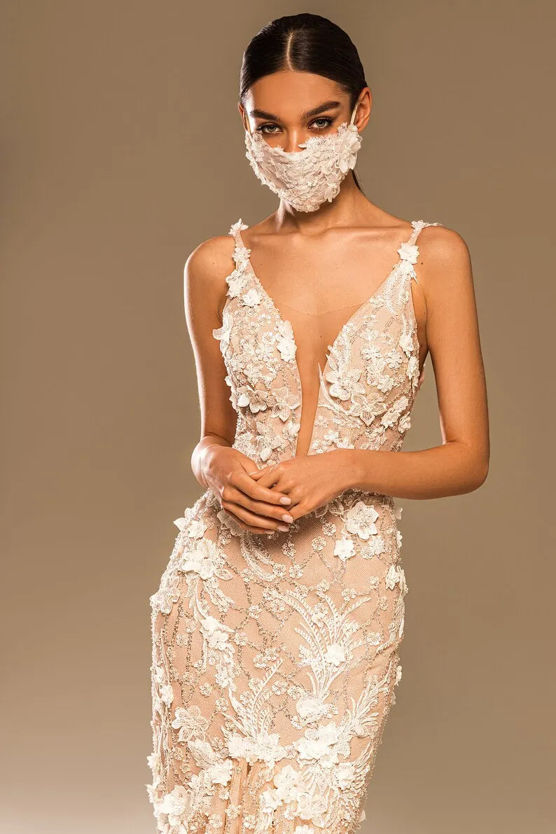 Mermaid Sheath Sleeveless Deep V neckline Brace Open Back 3D Flowers Sequin Glitter Long Cathedral Train Wedding dress Bridal gown