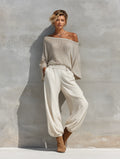 Women's Shimmer Knit Off Shoulder Batwing Sleeve Loose Top White Elastic Cuff Wide Leg Jogger Pants Two Piece Set MDZ1623G3YZJ