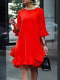 Half Sleeves Loose Falbala Solid Color Round-Neck Midi Dresses Short Dresses