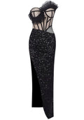 Strapless Ruffle Corset Sequin Maxi Dress Black