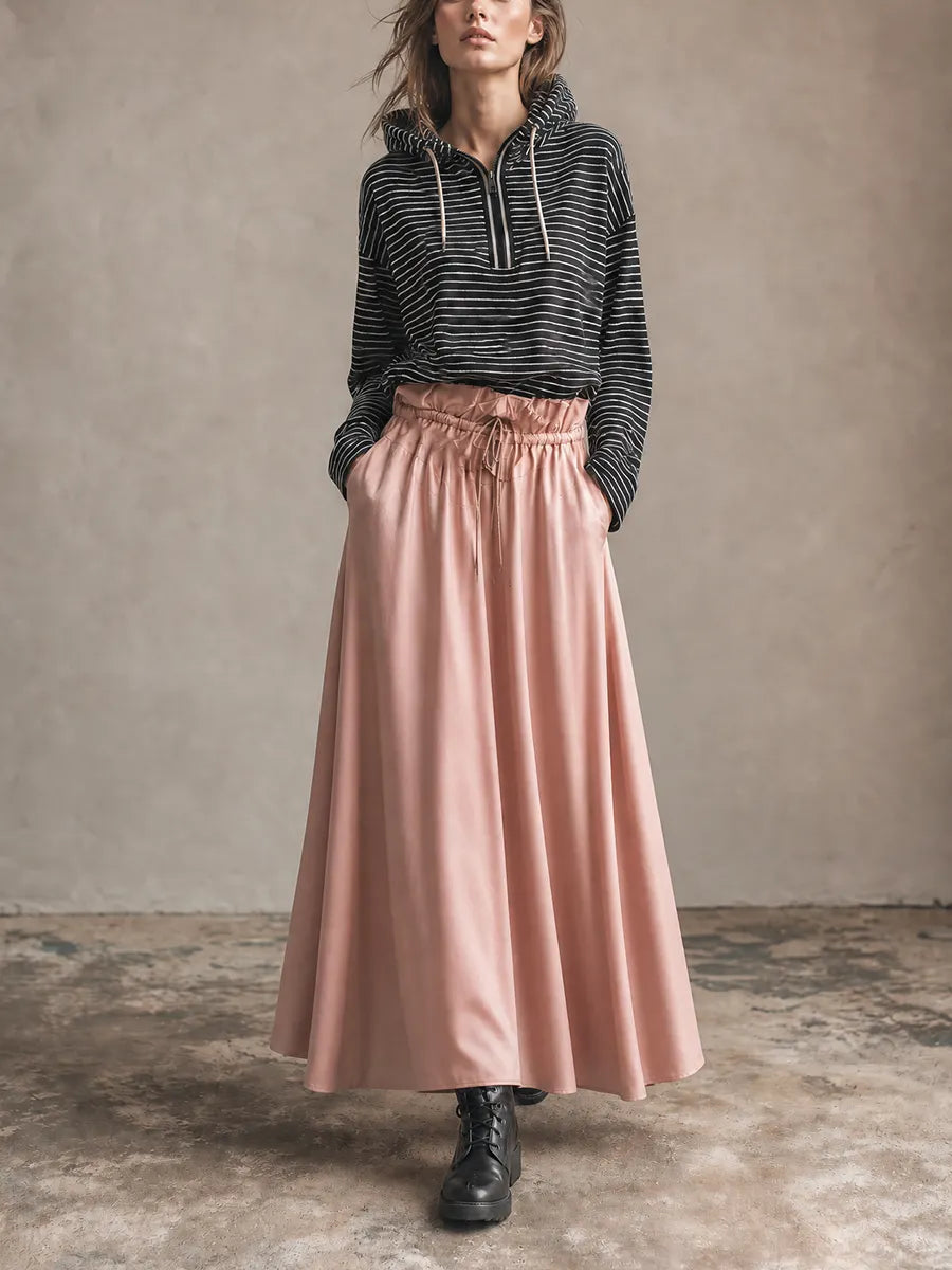 Women's Black White Striped Half Zip Hooded Long Sleeve Loose Top Dusty Pink Drawstring High Waist Side Pocket Flowy Maxi Skirt Two Piece Set MDZ2179G4YZJ