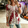 Women's Retro Halloween Bloody Human Skeleton With Floral Art Casual Tops