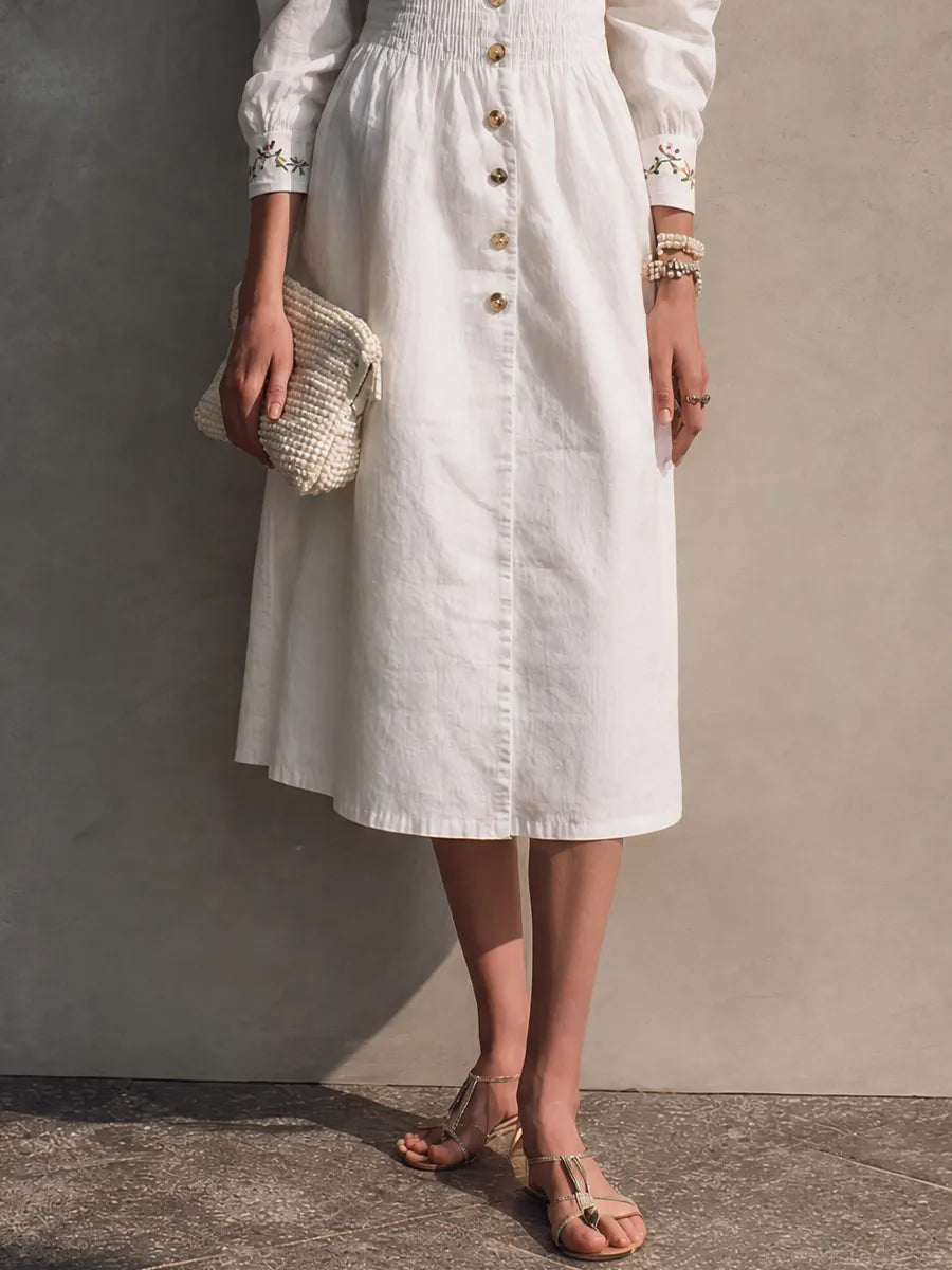 Women's French Cottage Style Off White Cotton Blend Square Neck Smocked Long Sleeve Floral Embroidery Midi Dress MDZ0156G8GMJ