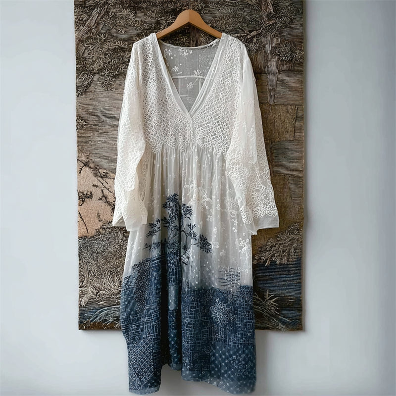 Japanese Floral Sashiko Contrast Lace Flowy Maxi Dress