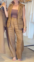 Khaki Sleeveless Blazer Vest Wide Leg Pants Set