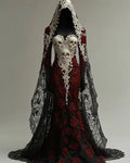 Halloween Themed  Contrasting Lace Rose And Skull Embroidered Dress