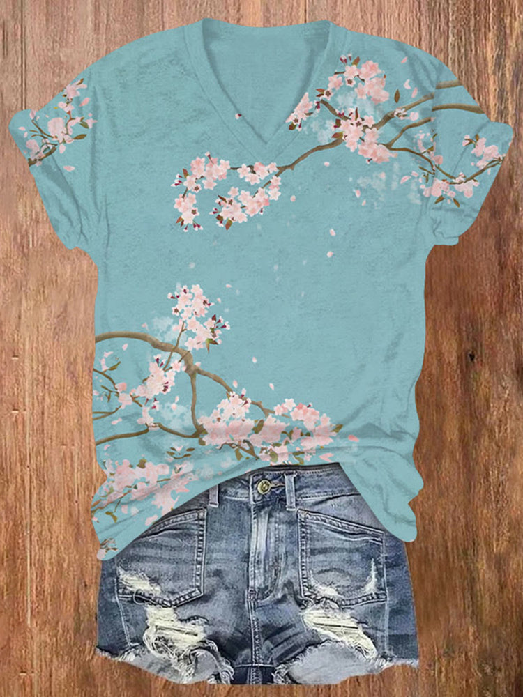 Women's Vintage Japanese Cherry Blossom Print V-neck T-shirt