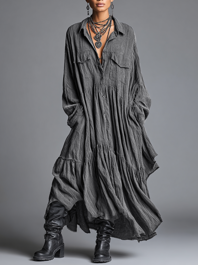 Women's Cotton And Linen Blend Loose Washed Shirt Maxi Dress