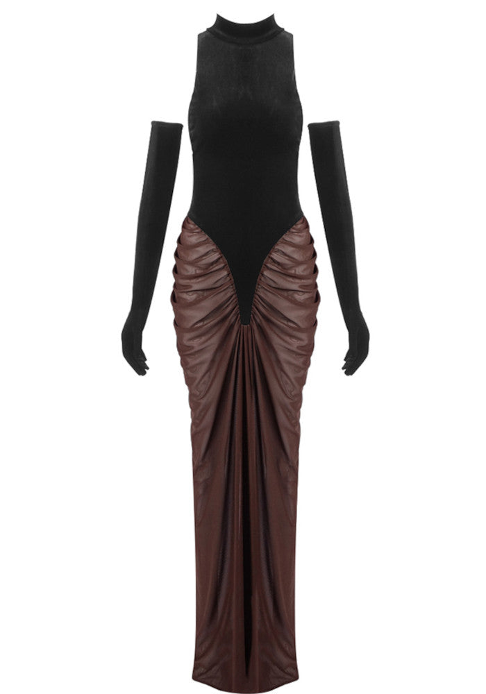 Halter Draped Maxi Velvet Dress Black Brown