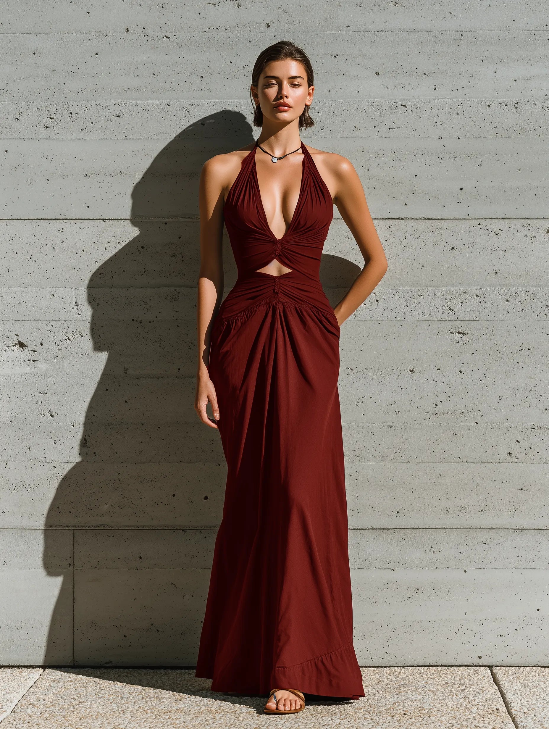 Women’s Burgundy Halter Deep V Twist Ruched Cutout Waist Side Pocket Maxi Dress MDZ3059F0T