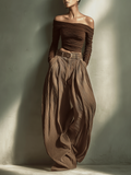 Women's Fashionable And Sexy Dark Brown Off-the-shoulder Long-sleeved Fitted Top Paired With Matching Wide-leg Trousers (belt Not Included) MDA1455K9AN