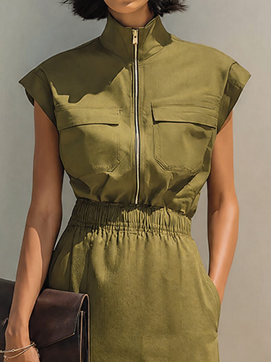 Women's Olive Cotton Blend Stand Collar Zip Cap Sleeve Midi Dress MDZ1788G8ZRK