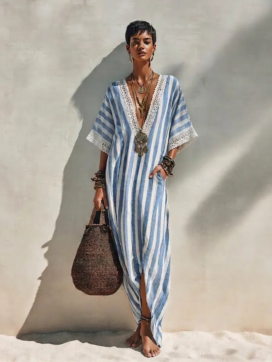 Women's Bohemian Blue And White Striped Cotton Blend V-Neck Crochet Trim Short Sleeve Side Slit Kaftan Maxi DressMDZ0921G6ZSQ