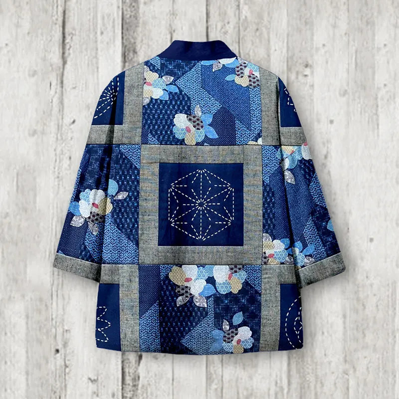 Vintage Japanese Sashiko Patchwork Linen Blend Kimono Cardigan
