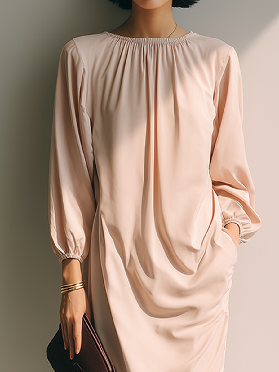 Women's Blush Cotton Blend Gathered Neck Balloon Sleeve Midi Dress MDZ1723G4ZRK