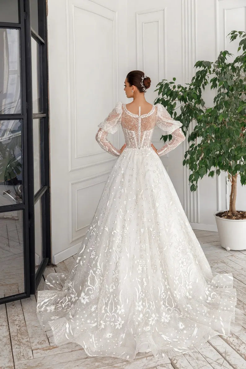 Designer Long Half puff sleeve V-neckline Corset Reflective glitter Sparkling Sequin handmade applications A-line princess wedding dress